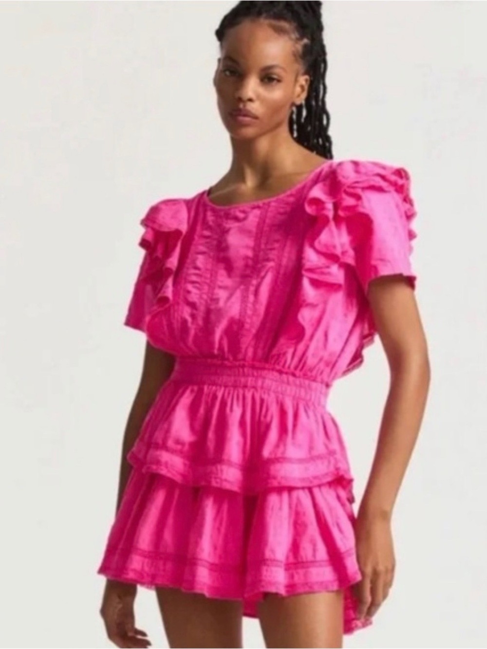 LoveShackFancy Natasha Mini Dress Vivid Pink Ruffle Lace